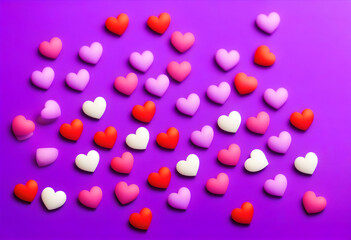 A simple design of small hearts in different shades of purple on a pastel purple background