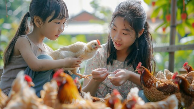 Asian little girl and young woman feed the chicken in layer and house farm eggs. People kid woking outdoor stay home.