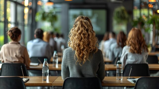 Attendees sit attentively at a modern conference or seminar, with focus on a woman with curly hair in the center of the image.