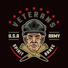American veterans vector emblem with soldier head and two crossed bullets in colored style on dark background
