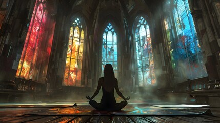 Fototapeta premium Woman Meditating in Mystical Cathedral with Stained Glass Illumination