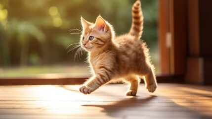 Playful Manx Cat Chasing Feather Toy in Sunlit Living Room