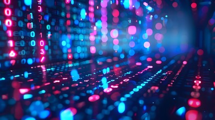 Futuristic Digital Matrix of Vibrant Neon Lights and Flowing Binary Code Patterns