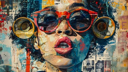 Vibrant Abstract Collage with Stylized Facial Features and Sunglasses