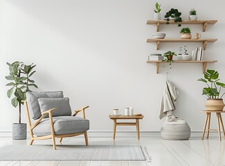 Modern Scandinavian interior design of a cozy living room with a grey armchair, sofa and wooden shelf on a white wall background