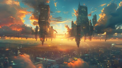 Vibrant Futuristic Cityscape with Awe-Inspiring Skyscrapers and Glowing Sunset Sky