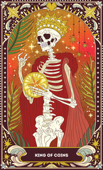 King of Coins A tarot card in bohemian tones in a modern style in the form of a skeleton. Modern map illustration, minimalistic cartoon skeleton, simple vector drawing