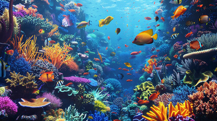 a vibrant underwater garden, with coral reefs teeming with colorful fish and other marine creatures