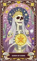 Queen of Coins A tarot card in bohemian tones in a modern style in the form of a skeleton. Modern map illustration, minimalistic cartoon skeleton, simple vector drawing