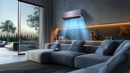 Modern living room with stylish air conditioner. Cozy ambiance with comfortable furniture. Evening view from the large sliding glass doors.