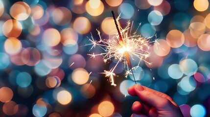 Hand holding a sparkler with beautiful bokeh background, celebrating festive occasion with bright and colorful lights.