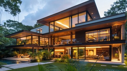 Fototapeta premium Tropical modern house with expansive windows, sleek lines, and tropical landscaping for luxurious open-air living.