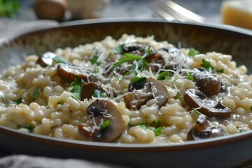 Freshly made creamy mushroom risotto topped with fresh herbs and parmesan cheese