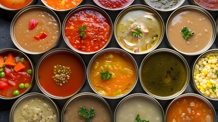 Assortment of Canned Soups Showcasing Diverse Meal Options and Flavors