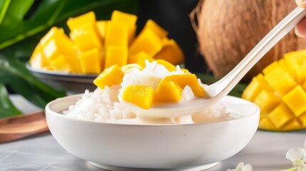 A bowl Mango Sticky Rice or rice with mango and coconut milk, fresh fruit in the background