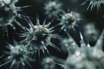 Highly Magnified Detailed Macro Shot of Virus Particles Resembling Small Spiky Balls on a Dark Background for Scientific and Medical Use
