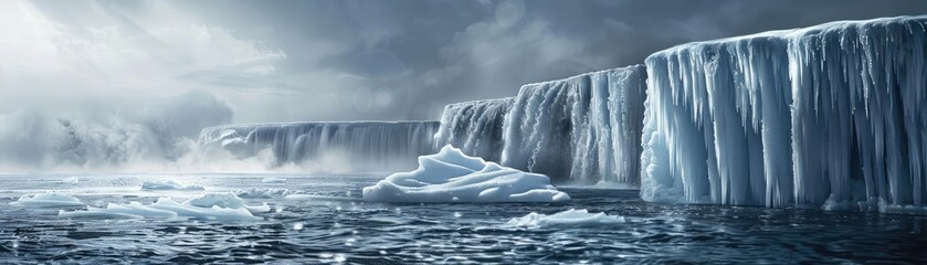 Fototapeta premium Majestic icebergs floating in cold Arctic waters under a moody sky, showcasing the beauty and power of nature's frozen landscapes.
