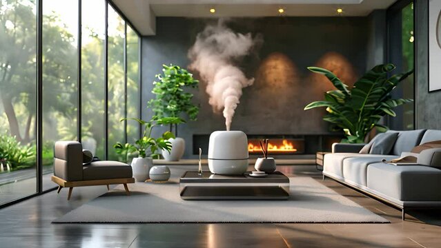 A modern living room featuring large windows, a plush sofa, and a coffee table with a humidifier releasing mist. Sunlight filters through lush green plants.