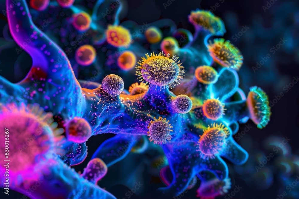 Poster macro view of virus structure - electron microscope simulation in false colors for scientific resear