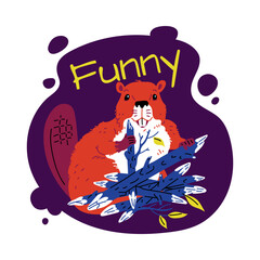 Cute beaver chewing wooden sticks with lettering Funny vector childish design card, cartoon wild rodent animal eating