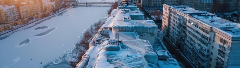 Aerial view of urban cityscape with snow-covered buildings and frozen river during winter at sunset. Cold and serene winter scene.