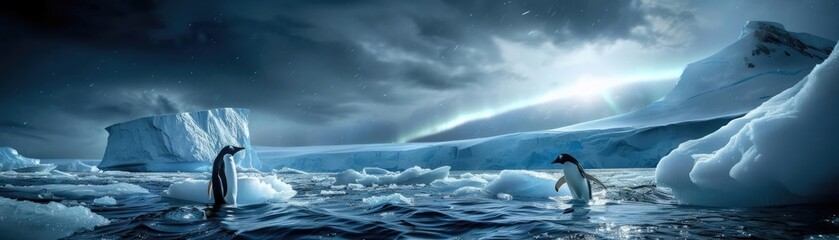 Two penguins stand on ice floes, surrounded by vast, frozen landscape and dramatic sky in an arctic scene with icebergs and snowy terrain.
