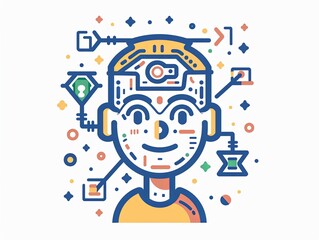 Fototapeta premium A cartoon drawing of a man with a head full of wires and a smile on his face