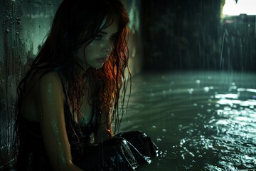 Depiction of a woman sitting by a window, her contemplative gaze obscured, as rain pours outside