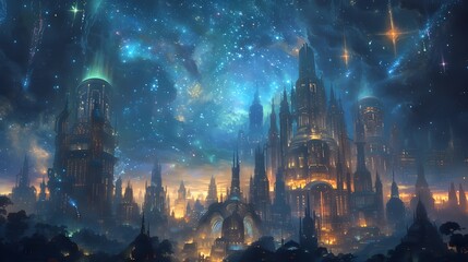 Majestic Celestial Castle Illuminated in Starry Night Skyline