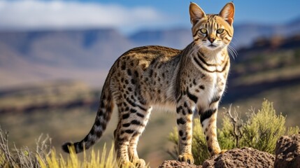 Obraz premium Majestic Savannah Cat on Rocky Outcrop in Wild Savannah Landscape