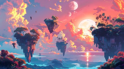 Obraz premium Mesmerizing Floating Dreamscape with Vibrant Sunset and Celestial Elements