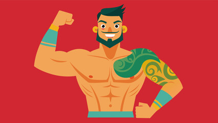 A slim man with a tattooed body proudly displaying his inked skin while flexing his biceps.. Vector illustration