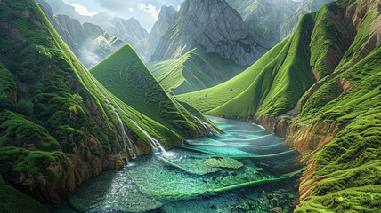 a view of fold mountains with emerald green slopes cascading down to a crystal-clear river