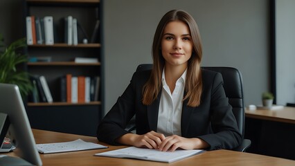 marketing business woman sitting in an office chair facing the camera and around the table there is marketing office equipment, the woman has straight hair, is young and wears a black suit