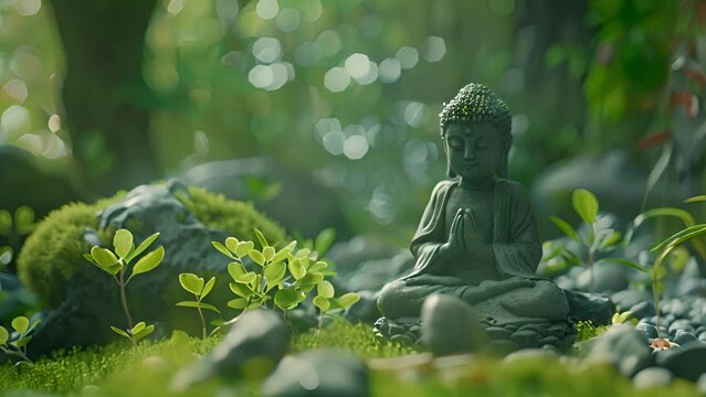 A Buddha statue sitting atop a vibrant green field under the clear sky.