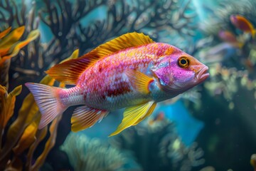 Naklejka premium Tropical marine paradise. Snapper fish in tranquil clear seas with colorful coral