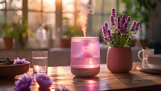 A glass aromatherapy diffuser emits mist next to a vase of blooming lavender flowers on a wooden table. Sunlight filters through a nearby window.