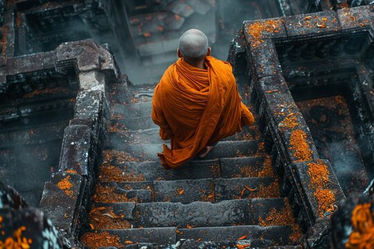 Serene monk in orange at Angkor Wat