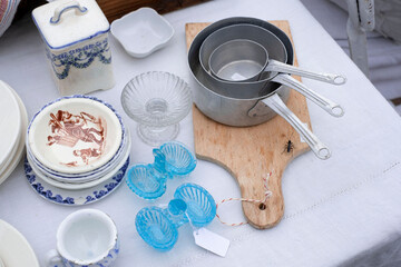 Close up of Classic vintage kitchenware  in the antique market.