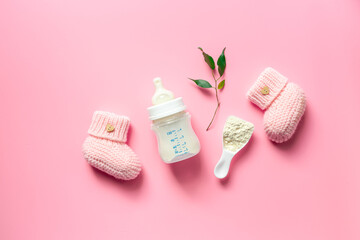 Baby kids flat lay with milk in bottle, top view