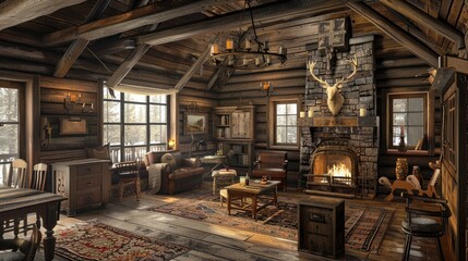 Obraz premium Rustic style hunting house with wooden furniture, furnishings, trophy on the wall. Interior. Generative AI
