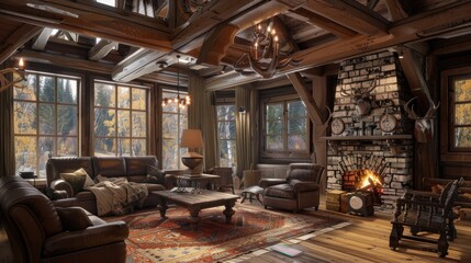 Rustic style hunting house with wooden furniture, furnishings, trophy on the wall. Interior. Generative AI