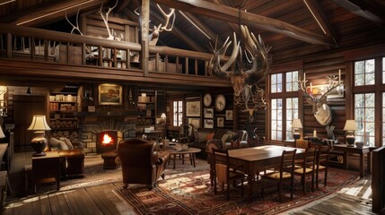 Rustic style hunting house with wooden furniture, furnishings, trophy on the wall. Interior. Generative AI