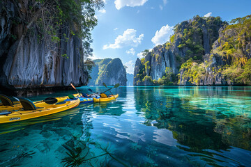 A serene lagoon surrounded by towering cliffs, with crystal-clear waters reflecting the azure sky...