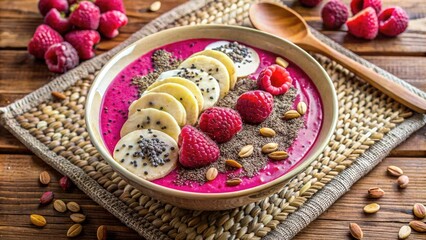 Vibrant smoothie bowl with bananas, raspberries, and seeds.