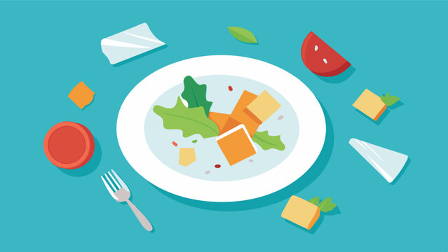 An empty plate surrounded by discarded wrappers and halfeaten salads a testament to a persons failed attempts at quickfix diets.. Vector illustration