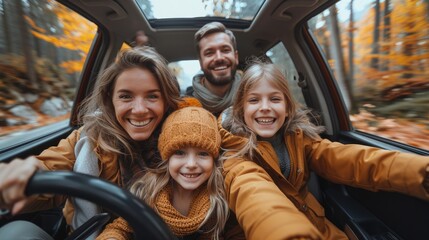 Happy family on a road trip in autumn. Smiling parents with kids enjoying scenic fall nature from inside their car.