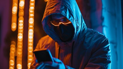 Masked hacker using a smartphone to breach a secure system, highlighting the evolving methods of cyber criminals.