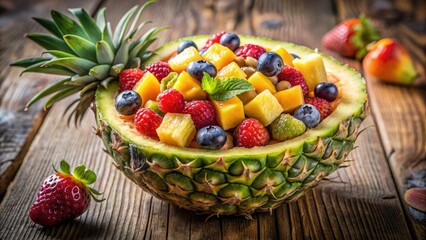 A pineapple bowl filled with an assortment of fresh fruits.