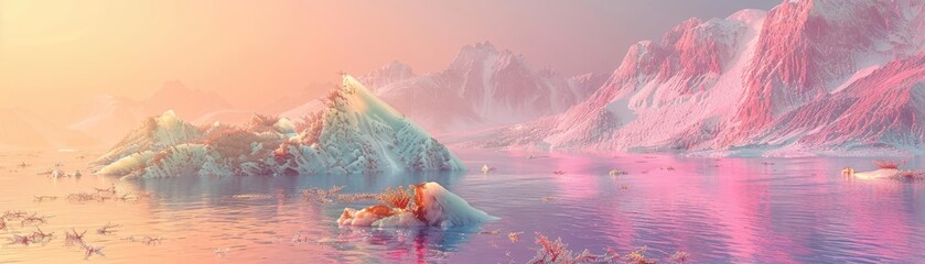 Serene icy landscape at sunset with pink hues reflecting off snow-covered mountains and water. Peaceful, tranquil, and vibrant natural scenery.